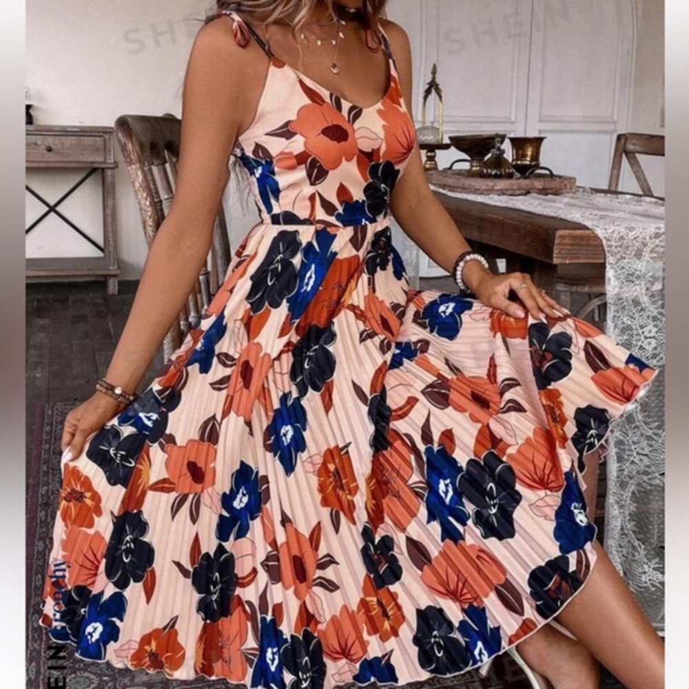 SHEIN Pink Floral Pleated Midi Dress with Blue & Black Blooms